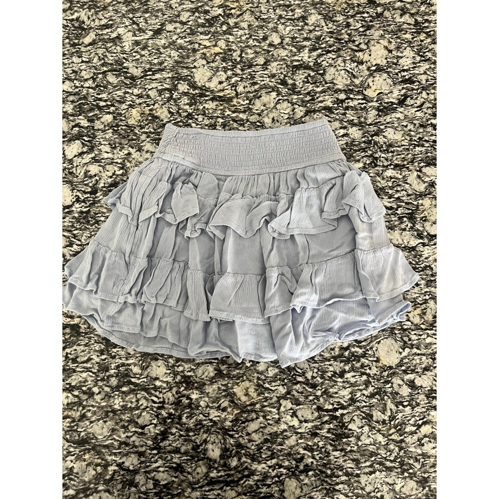 Light Blue Tiered Ruffle Mini Skirt Smocked Waist Boho Festival Casual No Tag
